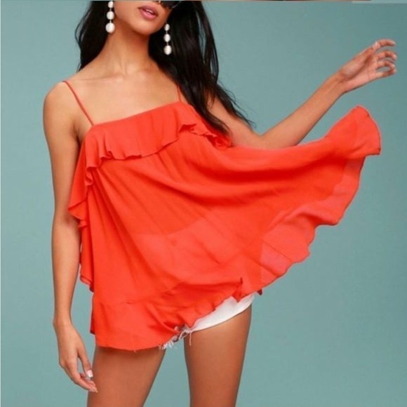NWT Free People Cascades Ruffle Camisole in Fire Orange/Red Size XS - Picture 4 of 12